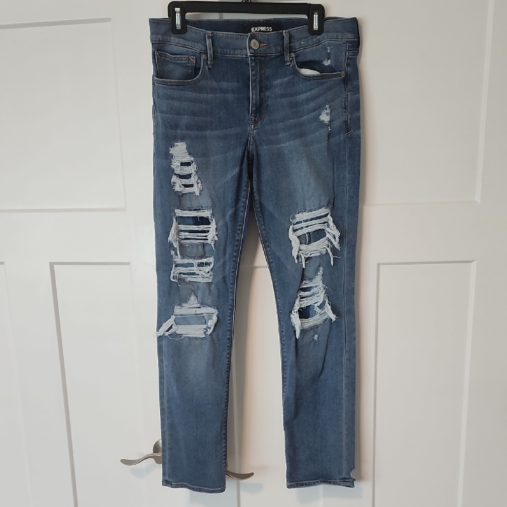 Express Blue Skinny Jeans with Distressed Details